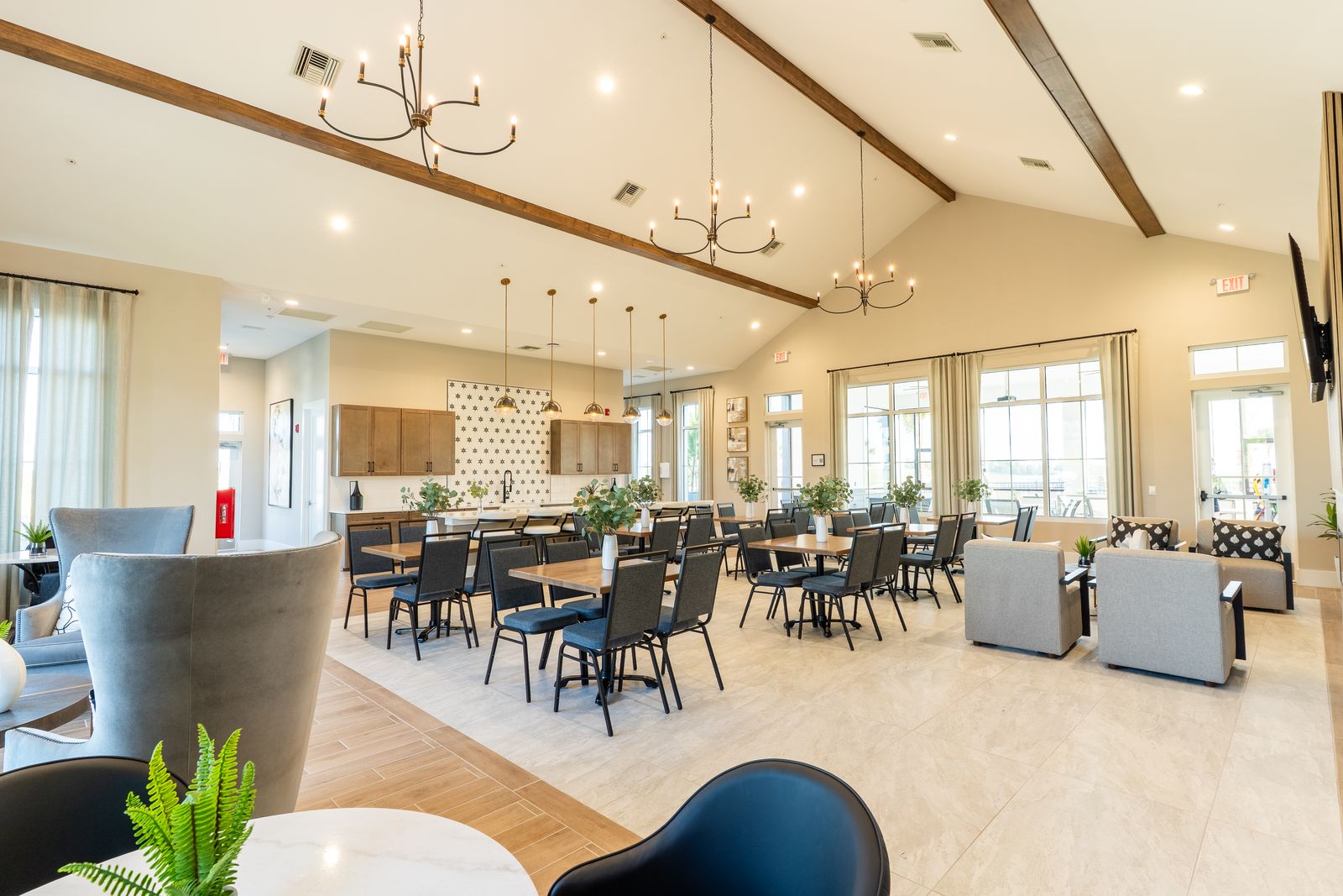 Bright clubhouse interior with seating areas