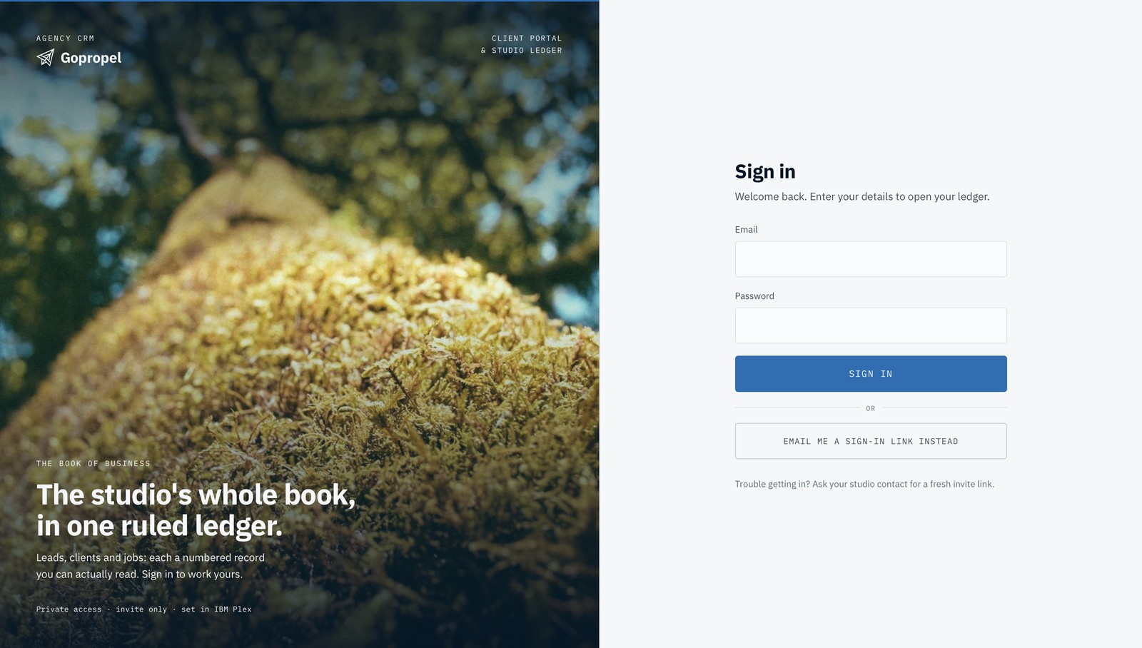 Sign-in screen of the Gopropel CRM client portal, reading: the studio's whole book, in one ruled ledger