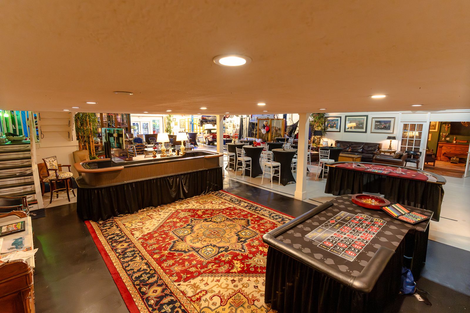 Game floor with dressed blackjack and roulette tables